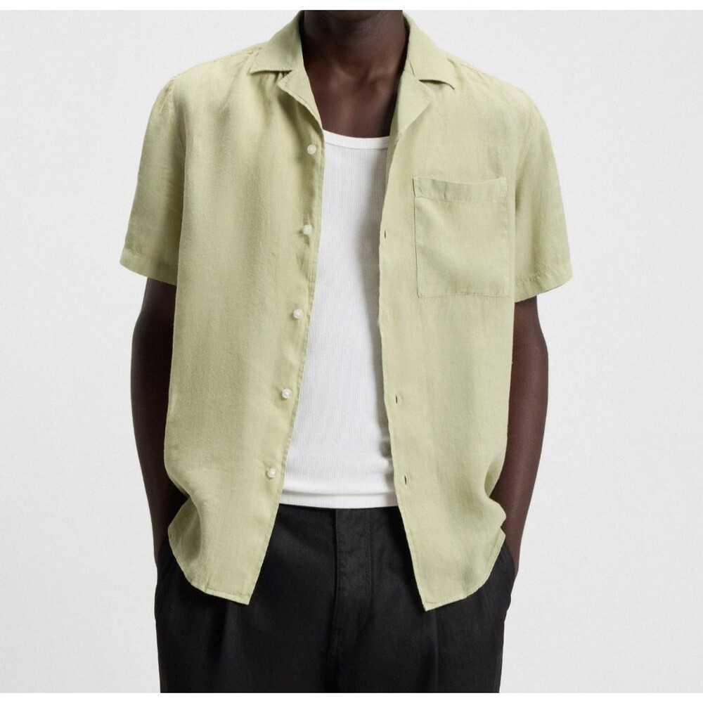 HUGO BOSS Button Up Shirt Mens XXL Green Linen Pocket ELLINO $118